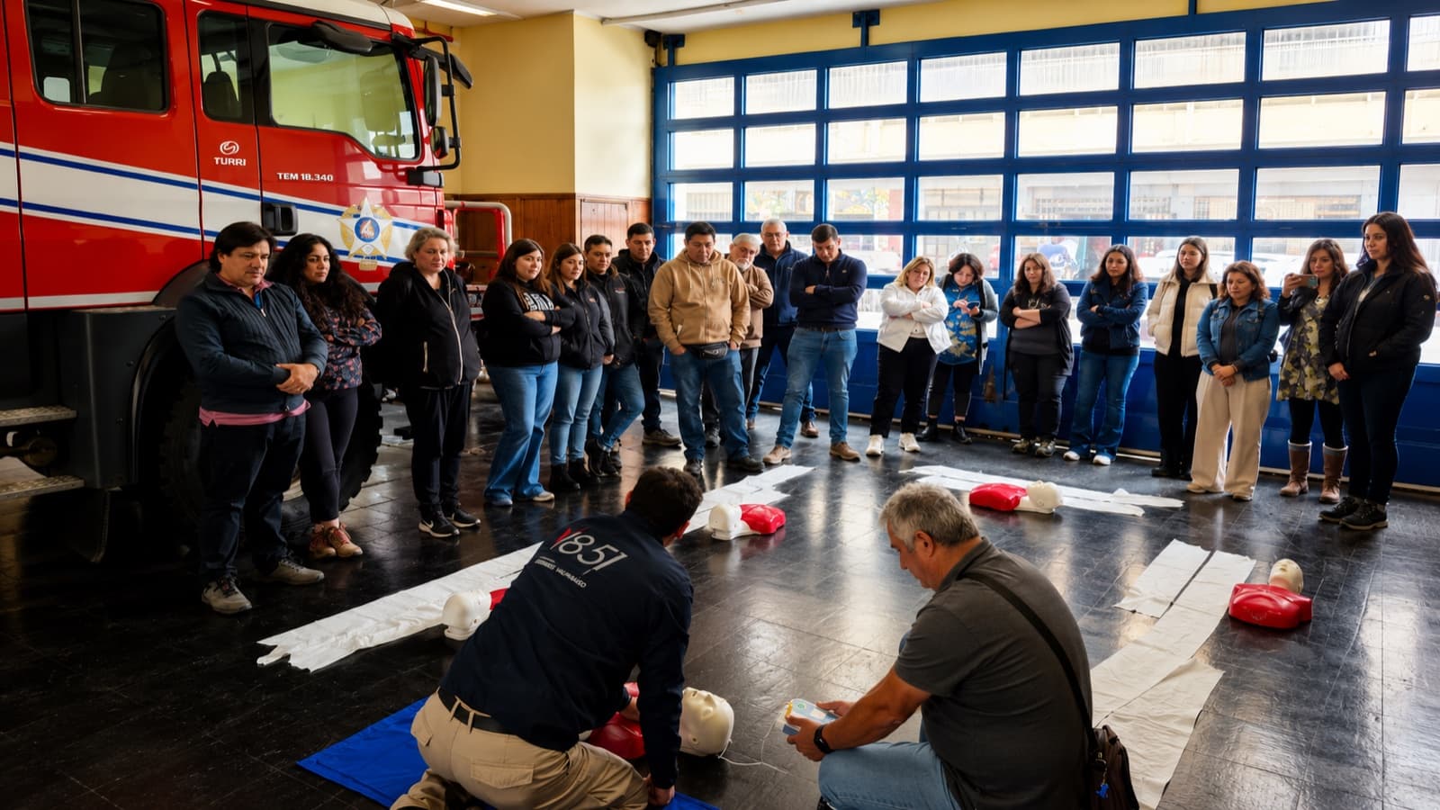 Grupo de participantes durante una capacitación práctica de reanimación cardiopulmonar y uso de desfibrilador en un cuartel de bomberos.