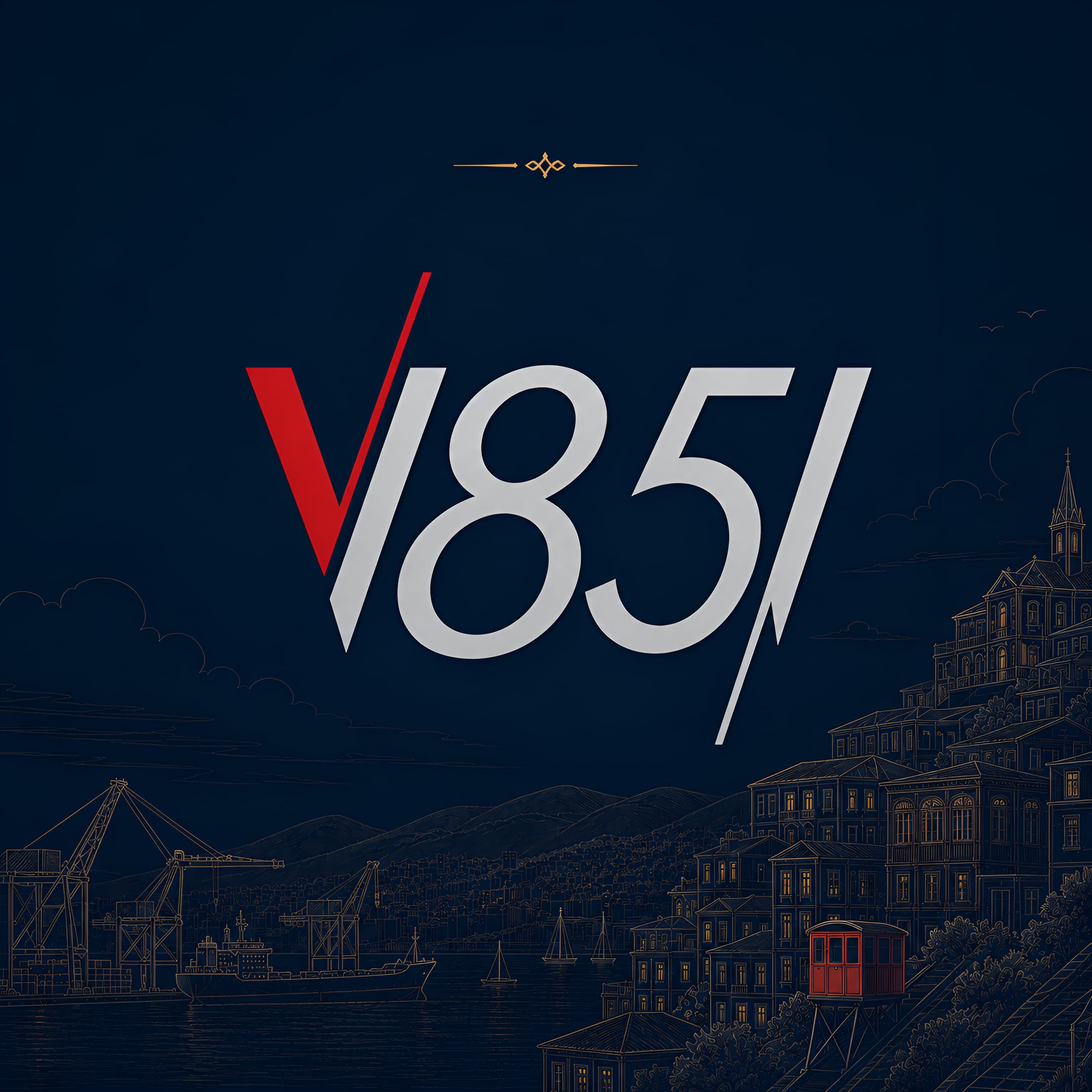 Ilustración del puerto y los cerros de Valparaíso con el logotipo V1851.